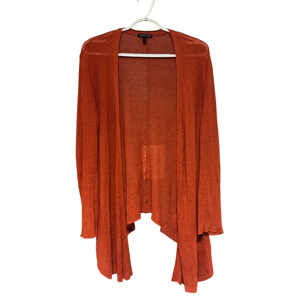 Eileen Fisher Linen Blend Cardigan Open Front Knit Duster Burnt‎ Orange Small